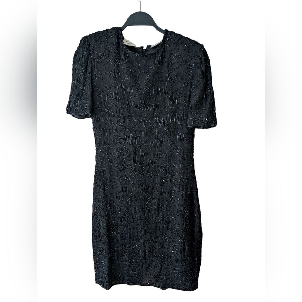 Beaded Drama Silk Black Vintage‎ 80s Glam Cocktail Dress Size Medium